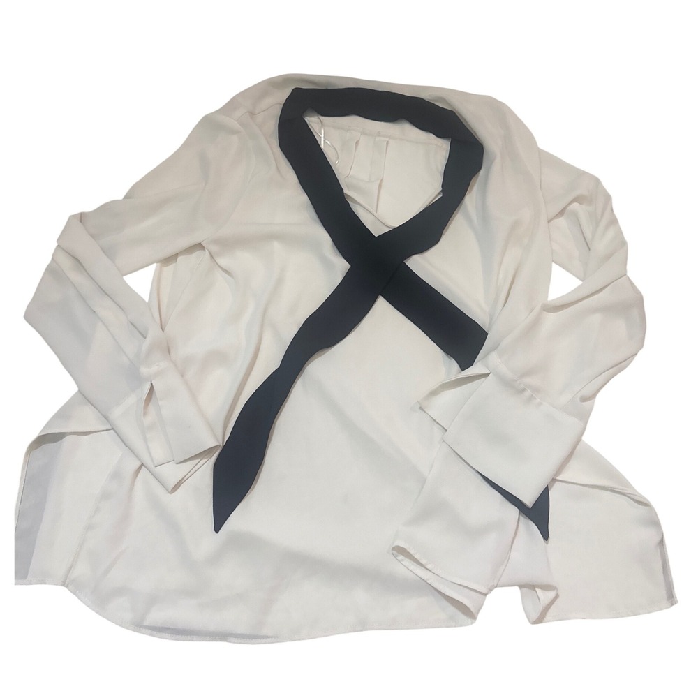 Zara Basic Cream Blouse Long Sleeve Bow Neck Ladies Top Size L